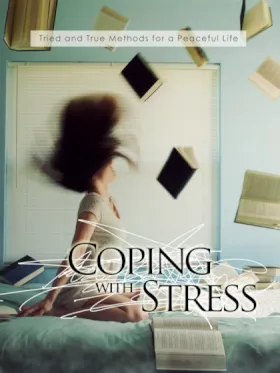 The image shows the cover of a book titled "Coping with Stress." It features a blurred image of a person with hair flying around amid floating books, conveying a sense of chaos.