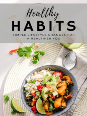 A bowl of mixed vegetables and rice garnished with avocado slices, cilantro, and lime wedges on a woven placemat. A spoon is placed beside the bowl. The text above reads, "Healthy Habits: Simple Lifestyle Changes for a Healthier You."