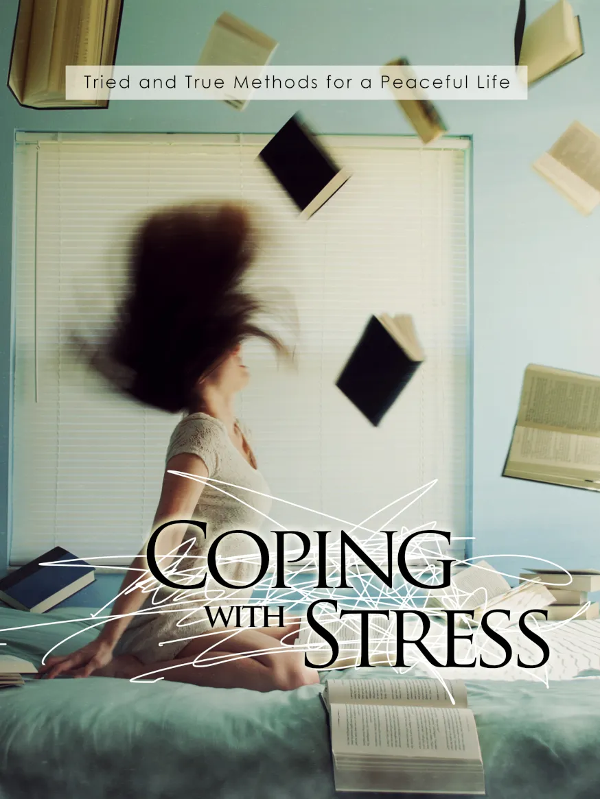 The image features a person sitting on a bed, surrounded by several floating books in a room, with their hair flaring out as if in motion. The text "Coping with Stress" is prominently displayed over the image.