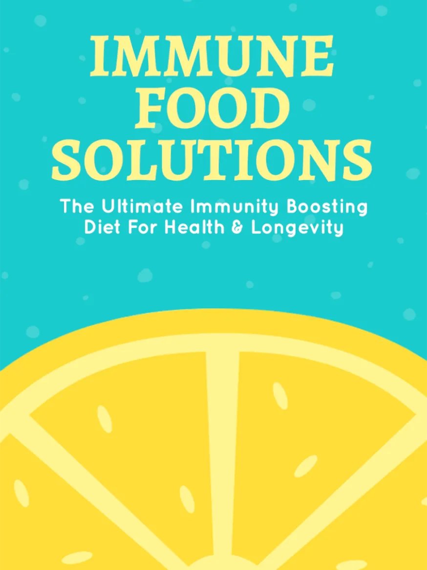 The image is a book cover titled "Immune Food Solutions." It features a bright blue background with yellow text and an illustration of a sliced lemon at the bottom. The subtitle reads, "The Ultimate Immunity Boosting Diet for Health & Longevity."