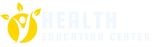 Logo of the Health Education Center, featuring a stylized yellow figure with leaves and bold white text.