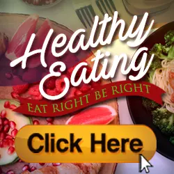 A colorful graphic featuring the text "Healthy Eating" and "Eat Right Be Right" over images of various foods like vegetables, fruits, and pasta. A prominent "Click Here" button is displayed in the foreground.