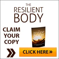 An advertisement for a book titled "The Resilient Body." The image includes the text "Claim Your Copy" and a button labeled "Click Here" with an arrow pointing towards it. The book cover shows a silhouette of a person with outstretched arms against a sunset.