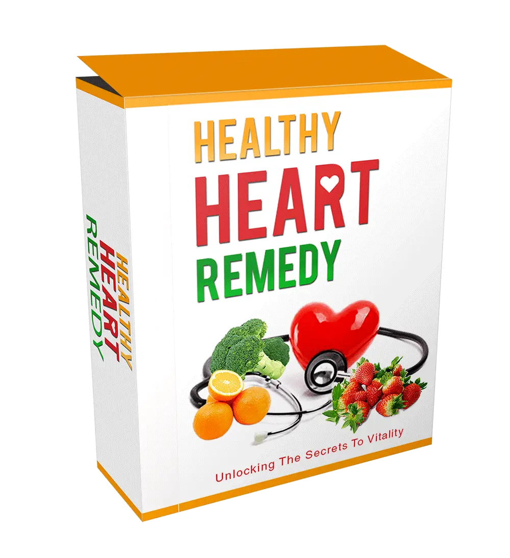 A 3D box labeled "Healthy Heart Remedy" with images of a heart-shaped object, a stethoscope, broccoli, oranges, and strawberries on the cover. The subtitle reads "Unlocking The Secrets To Vitality."