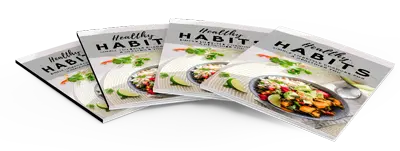 Four copies of a book titled "Healthy Habits" are fanned out. The cover features a colorful salad with vegetables.