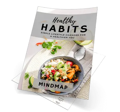 A pamphlet titled "Healthy Habits: Simple Lifestyle Changes for a Healthier You" with an image of a bowl containing a mixed vegetable salad and white grains, garnished with herbs. A lime slice and a spoon are placed beside the bowl. The word "Mindmap" is written across the bottom.