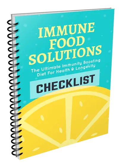 Cover image of a spiral-bound booklet titled "Immune Food Solutions" with the subtitle "The Ultimate Immunity Boosting Diet For Health & Longevity." A large yellow lemon slice decorates the bottom half against a turquoise background. The word "Checklist" is prominently displayed.
