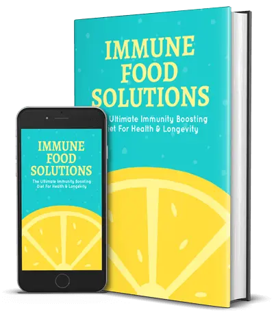 Cover image of a book titled "Immune Food Solutions" alongside a smartphone displaying the same cover. The design features a large lemon slice on a turquoise background with yellow and white text.