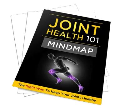 A digital cover image titled "Joint Health 101 Mindmap" featuring an illustration of a human figure with highlighted joints. The text "The Right Way To Keep Your Joints Healthy" is at the bottom on a yellow strip. The cover is atop a stack of white papers.
