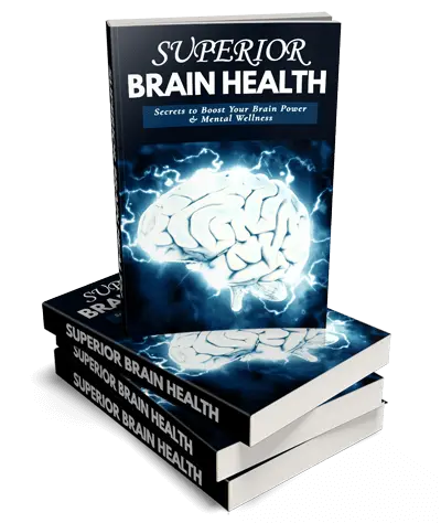 Three stacked books titled "Superior Brain Health: Secrets to Boost Your Brain Power & Mental Wellness" featuring a cover image of a glowing brain against a dark, electric background.