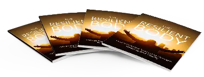 Four copies of a book titled "The Resilient Body" are fanned out. The cover features a silhouette of a person with raised arms against a sunset background.